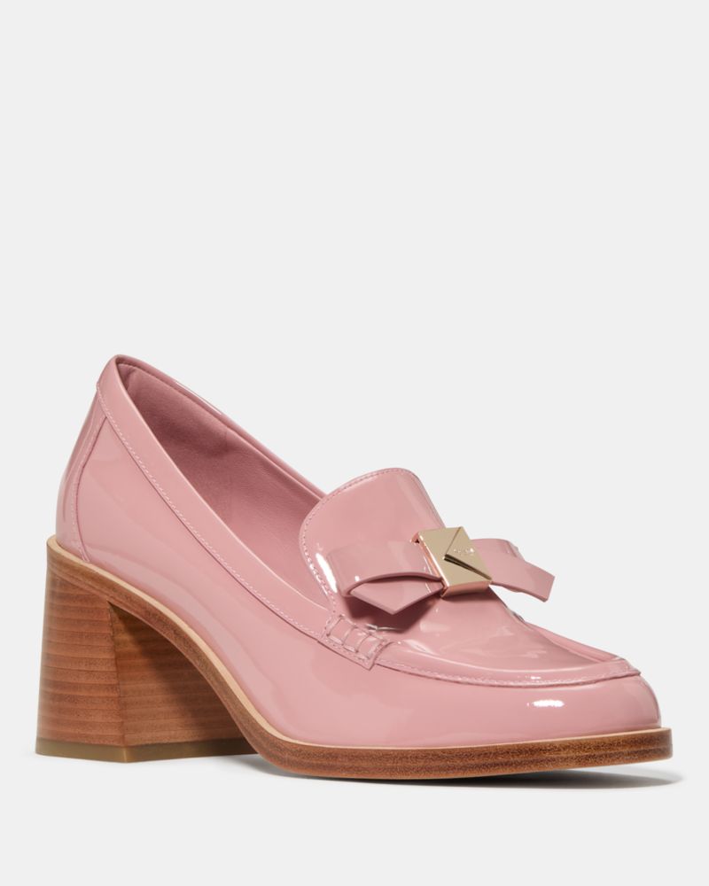 Kate Spade,Deco Bow Heeled Loafer,Leather,Lining Leather,Loafer,Pumps,Fabric,Wood,Metal,Embellished,Bow,Day Party,Pink
