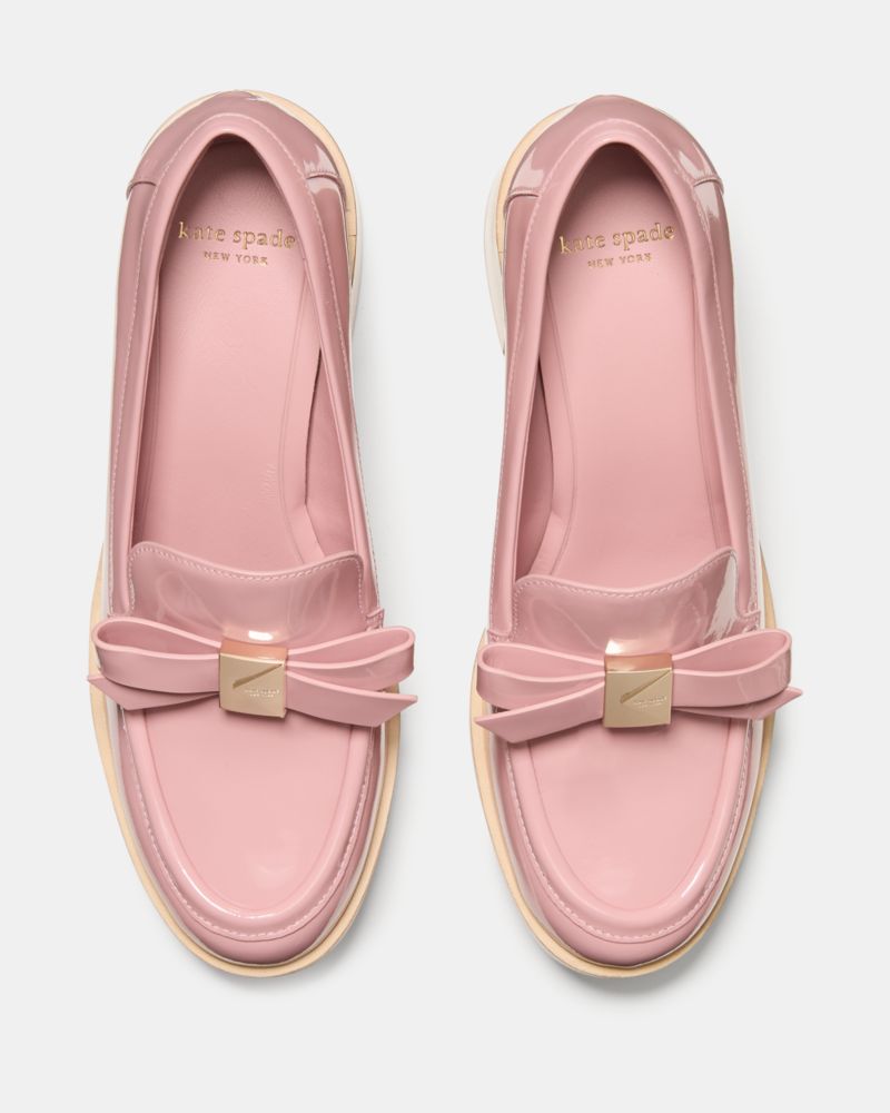 Kate Spade,Deco Bow Heeled Loafer,Leather,Lining Leather,Loafer,Pumps,Fabric,Wood,Metal,Embellished,Bow,Day Party,Pink