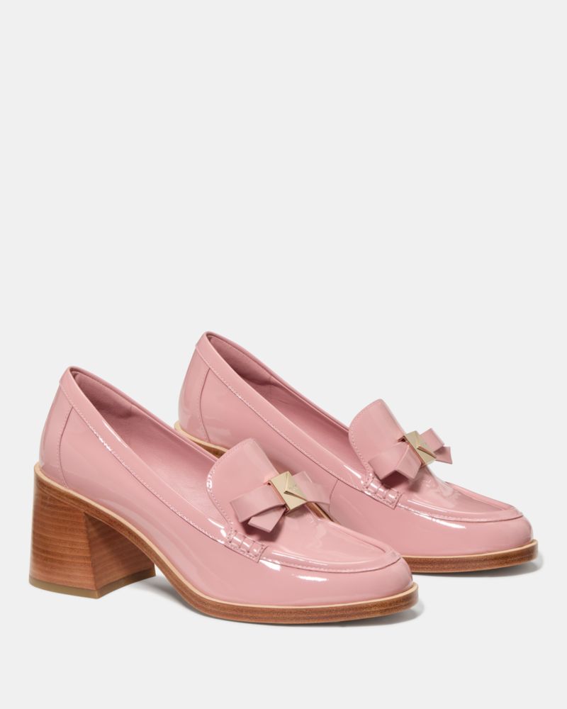Kate Spade,Deco Bow Heeled Loafer,Leather,Lining Leather,Loafer,Pumps,Fabric,Wood,Metal,Embellished,Bow,Day Party,Pink