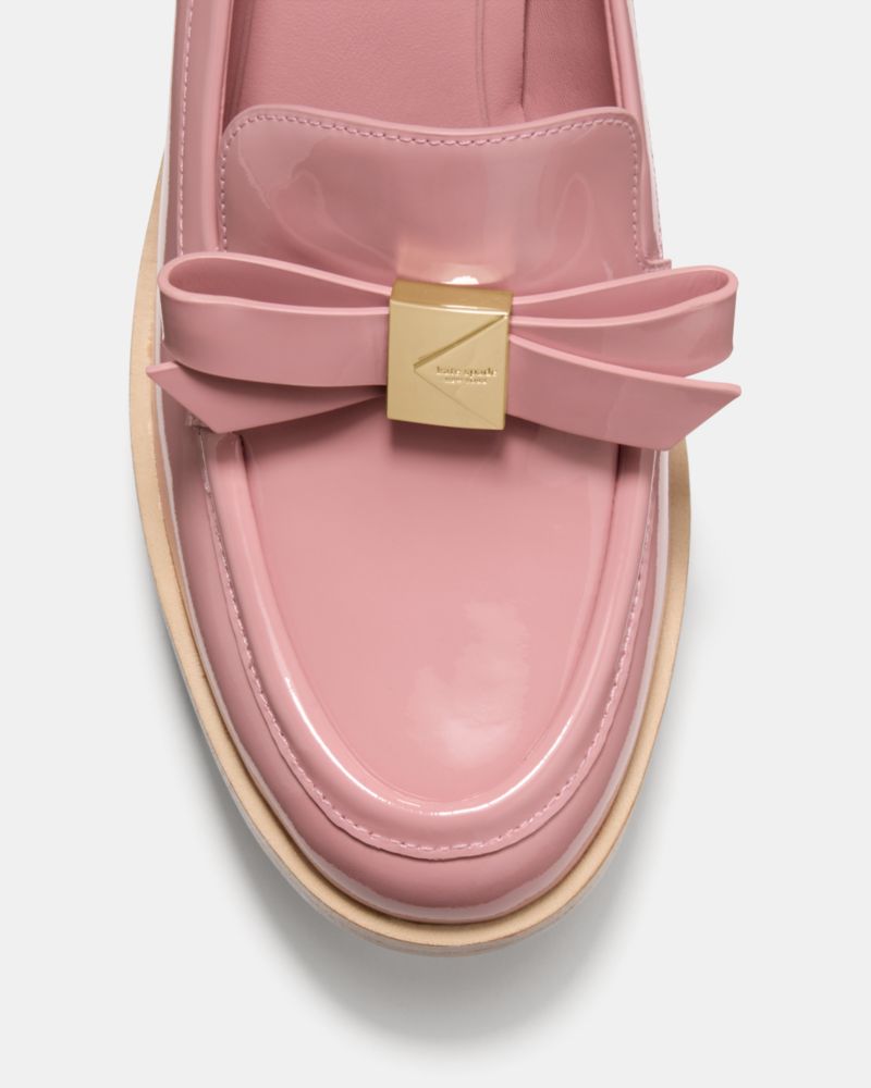 Kate Spade,Deco Bow Heeled Loafer,Leather,Lining Leather,Loafer,Pumps,Fabric,Wood,Metal,Embellished,Bow,Day Party,Pink