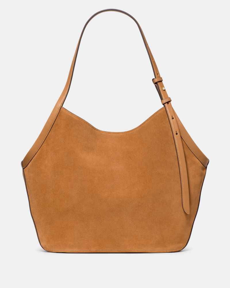 Kate Spade,Deco Suede Tulip Tote Bag,Suede,Leather,Hobo,Logo, Gold Embellishment,Adjustable,Water Repellent,Gold Metal,Cas...,Brown