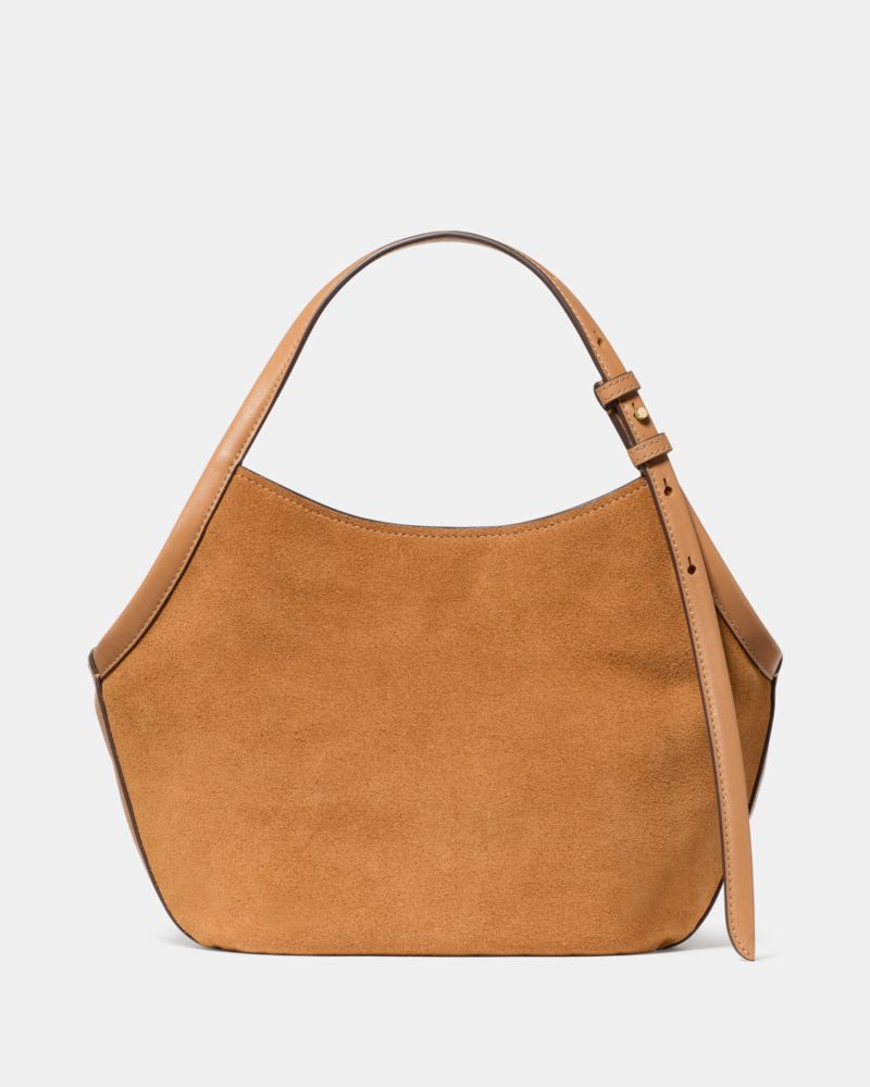 Kate Spade,Deco Suede Small Tulip Tote Bag,Suede,Leather,Tote,Metal, Logo, Silver Embellishment,Water Repellent,Gold Metal...,Brown