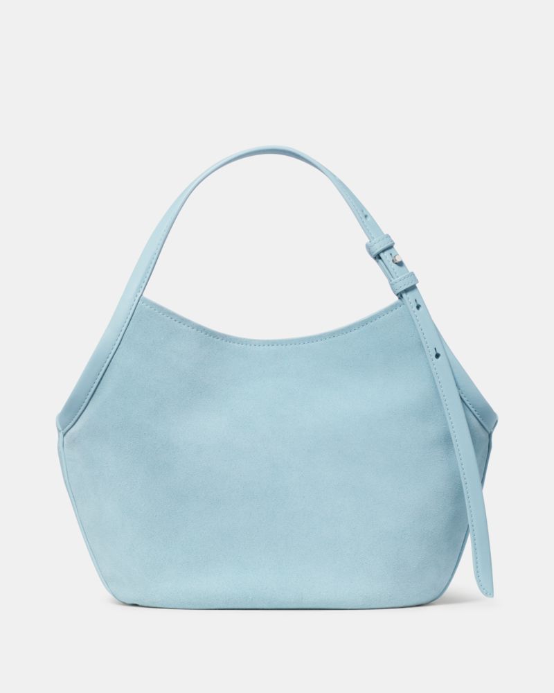 Kate Spade,Deco Suede Small Tulip Tote Bag,Suede,Leather,Tote,Metal, Logo, Silver Embellishment,Water Repellent,Gold Metal...,Blue