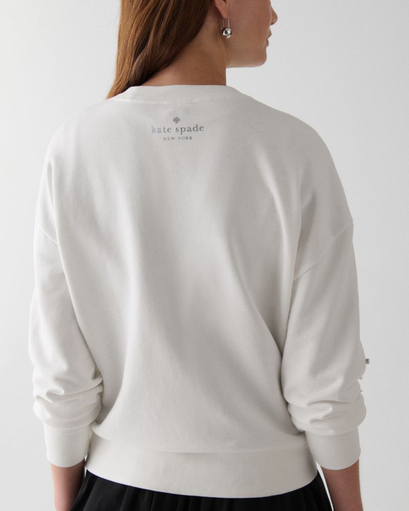 Kate Spade,Embellished Sweatshirt,Knit,French Terry,Terry Cloth,Cotton,Sweatshirt,Rhinestones,Pearl,Embellished,Day Party,White