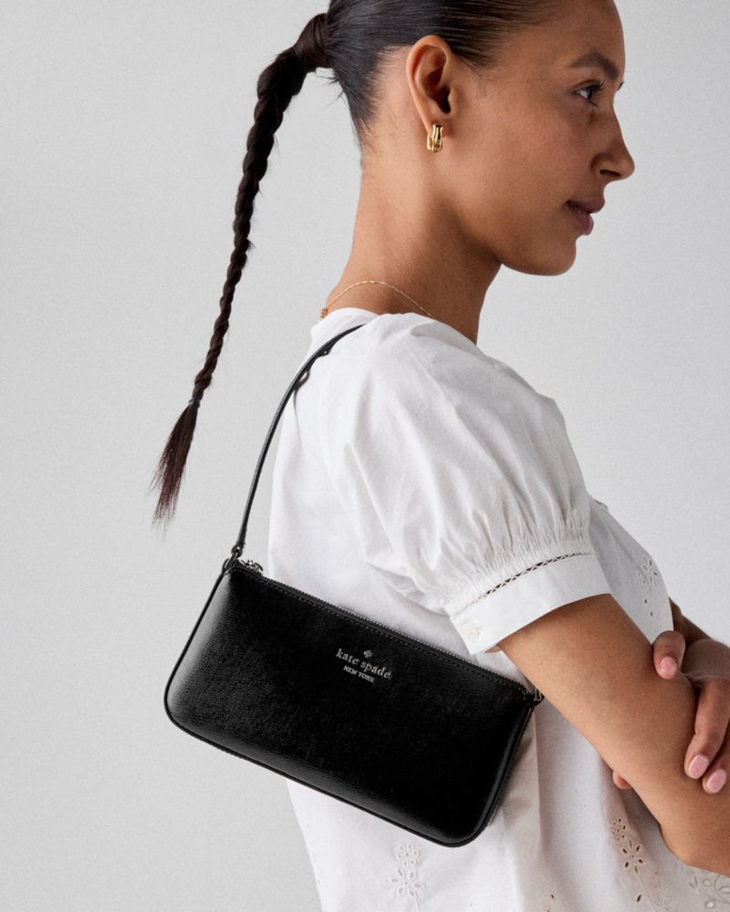 Kate Spade,Gemini Convertible Wristlet,Leather,Lining Canvas,Wristlet,Shoulder Bag,Gusset,Gold Metal,Day Party,Black