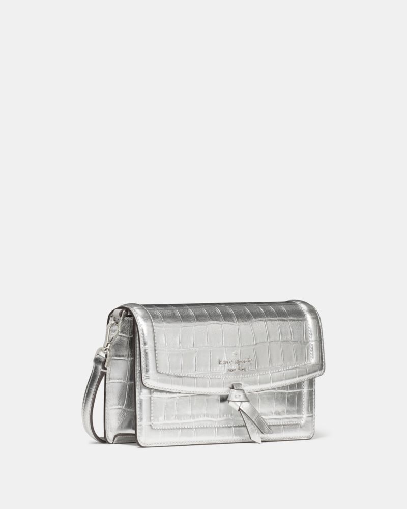 Kate Spade,Knott Croc Embossed Mini Flap Crossbody,Leather,Crossbody,Metal Material,White Metal,Color Metal,Silver Metal,P...,Metallic