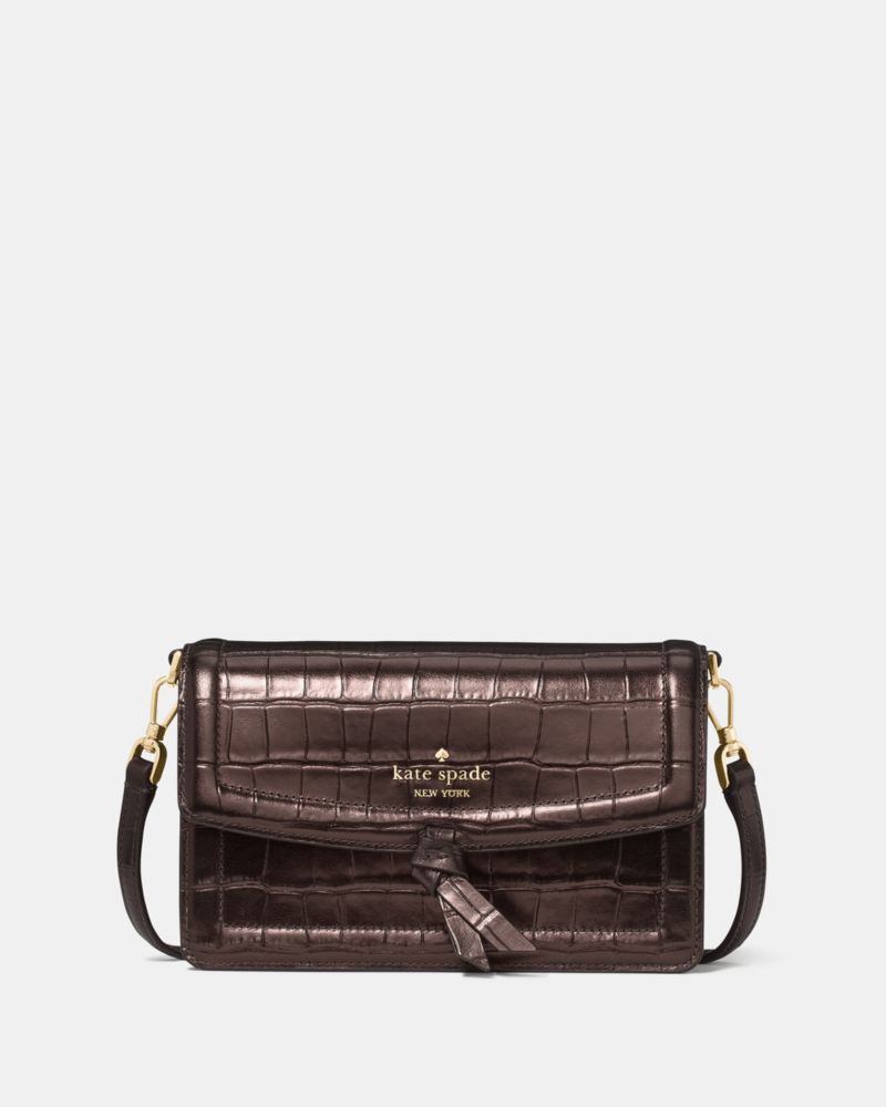 Kate Spade,Knott Croc Embossed Mini Flap Crossbody,Leather,Crossbody,Metal Material,White Metal,Color Metal,Silver Metal,P...,Brown