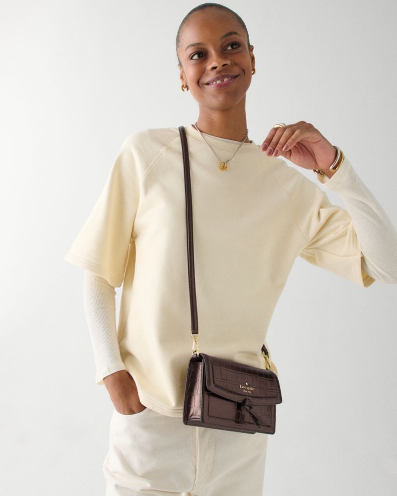 Kate Spade,Knott Croc Embossed Mini Flap Crossbody,Leather,Crossbody,Metal Material,White Metal,Color Metal,Silver Metal,P...,Brown