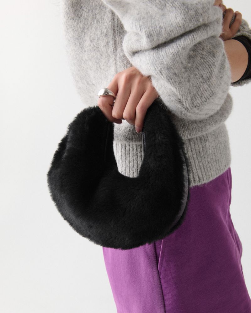 Kate Spade,Duo Shearling Bear Crossbody Bag,Shearling,Canvas,Leather,Crossbody,3D Embellishment,Compact,Adjustable,Silver ...,Black