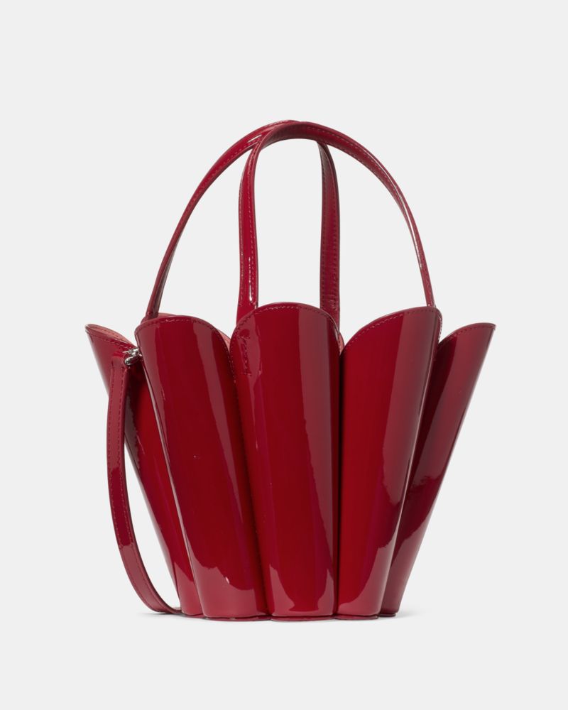 Kate Spade,The Patent Spade Flower Bucket Bag,Leather,Bucket,Adjustable,Silver Metal,Day Party,Maroon