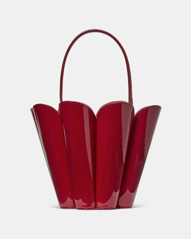 Kate Spade,The Patent Spade Flower Bucket Bag,Leather,Bucket,Adjustable,Silver Metal,Day Party,Maroon