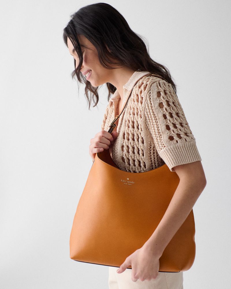 Kate Spade,454 Large Shoulder Bag,Leather,Hobo,Metal Material,Logo,Metal,Lined,Casual,Brown