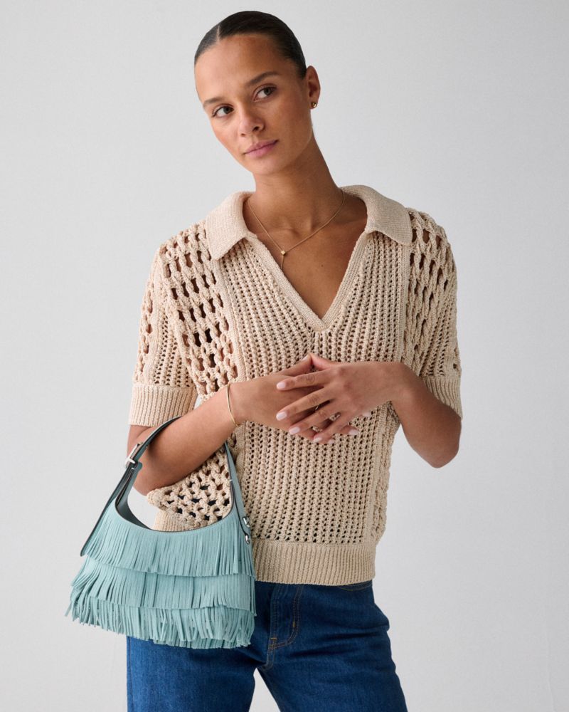 Kate Spade,454 Suede Fringe Mini Crossbody Bag,Suede,Leather,Shoulder Bag,Fringe,Day Party,Blue