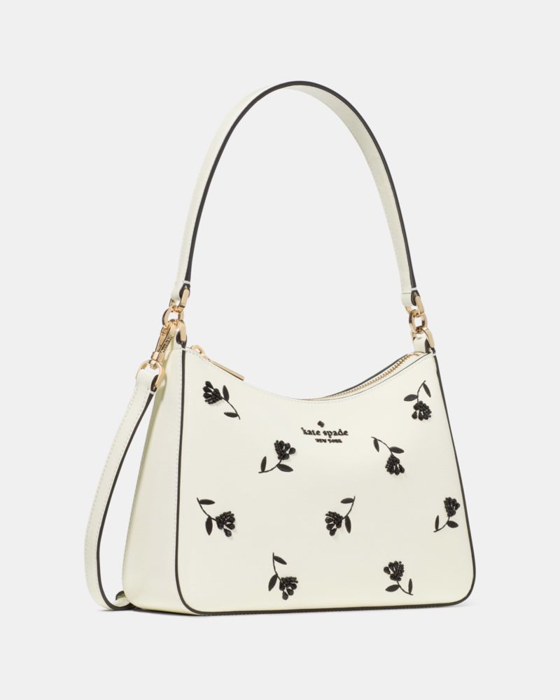 Kate Spade,Margot Floral Shoulder Bag,Leather,Shoulder Bag,Metal,Bead Embellishment,Logo,Embroidered,Casual,White