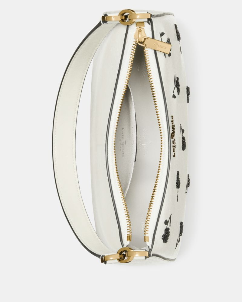 Kate Spade,Margot Floral Shoulder Bag,Leather,Shoulder Bag,Metal,Bead Embellishment,Logo,Embroidered,Casual,White