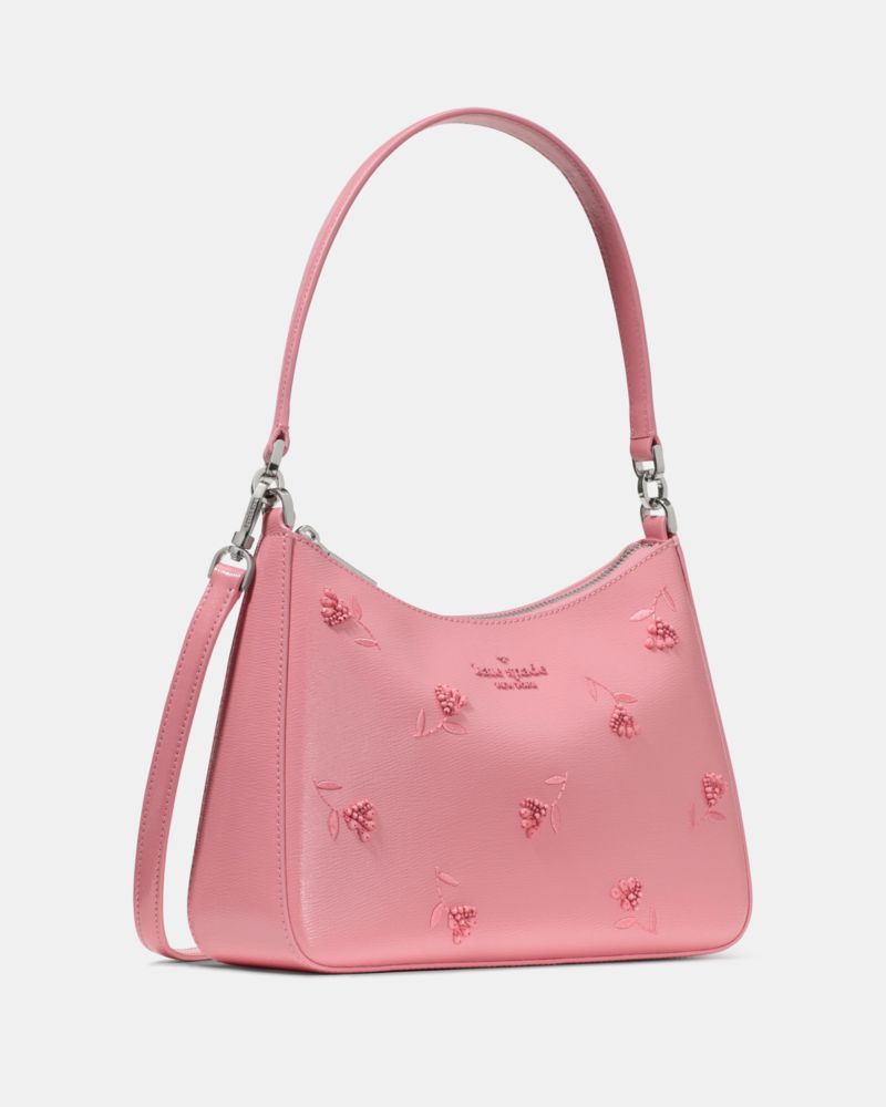 Kate Spade,Margot Floral Shoulder Bag,Leather,Shoulder Bag,Metal,Bead Embellishment,Logo,Embroidered,Casual,Pink