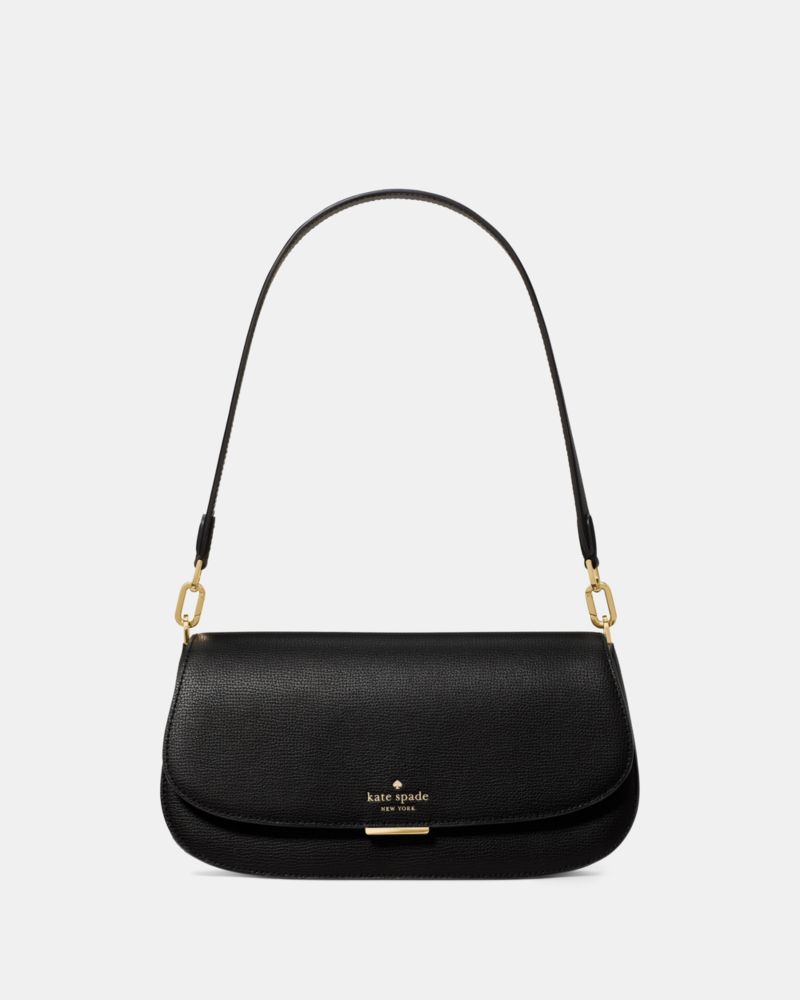 Kate Spade,Quinn Shoulder Bag,Leather,Saddle Bag,Chain Detail,Logo,Gold Metal,Casual,Black