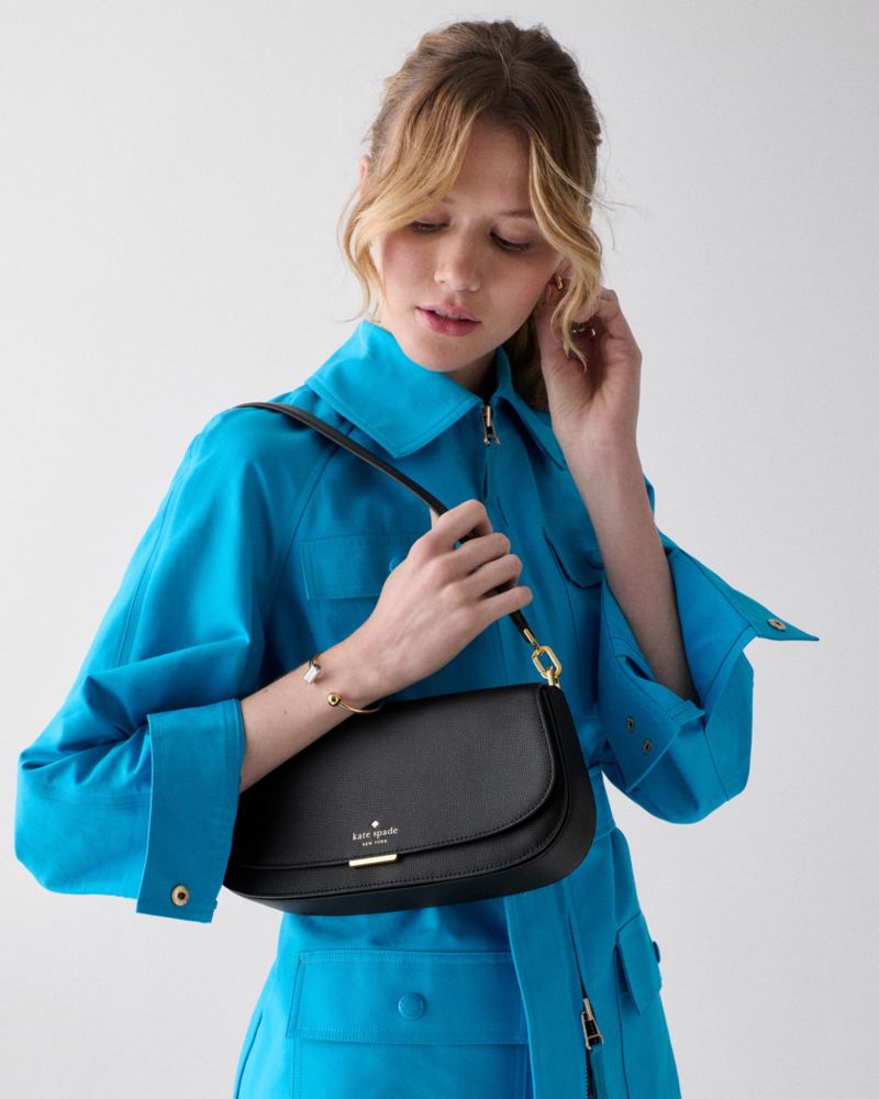 Kate Spade,Quinn Shoulder Bag,Leather,Saddle Bag,Chain Detail,Logo,Gold Metal,Casual,Black