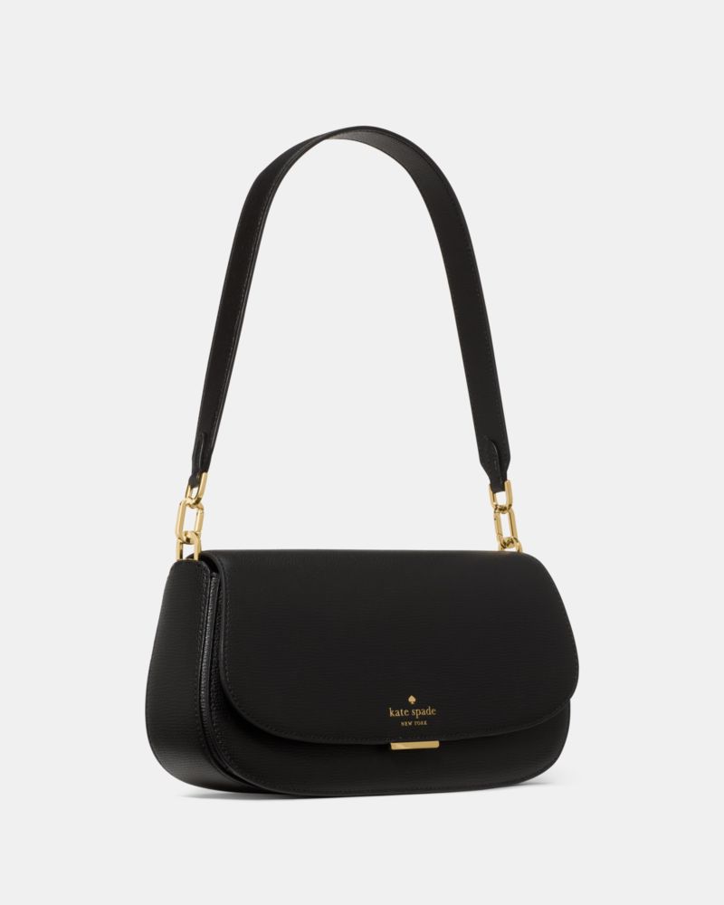 Kate Spade,Quinn Shoulder Bag,Leather,Saddle Bag,Chain Detail,Logo,Gold Metal,Casual,Black