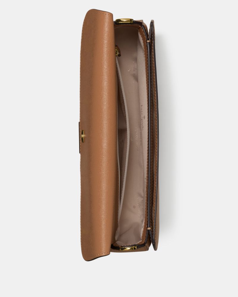 Kate Spade,Quinn Shoulder Bag,Leather,Saddle Bag,Chain Detail,Logo,Gold Metal,Casual,Brown