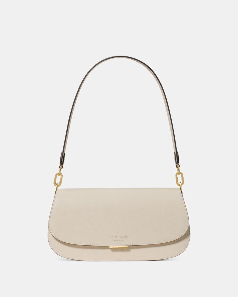 Kate Spade,Quinn Shoulder Bag,Leather,Saddle Bag,Chain Detail,Logo,Gold Metal,Casual,Cream