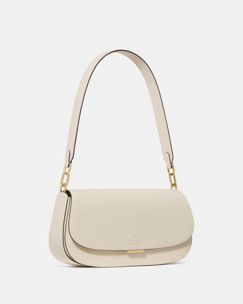 Kate Spade,Quinn Shoulder Bag,Leather,Saddle Bag,Chain Detail,Logo,Gold Metal,Casual,Cream