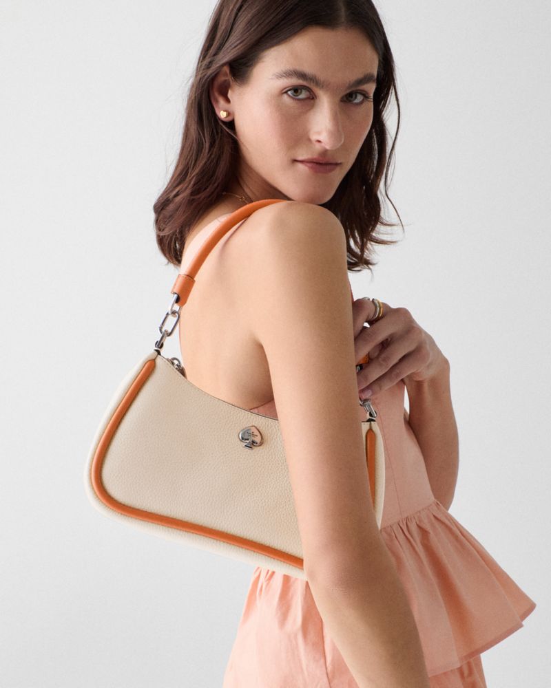 Kate Spade,Kayla Shoulder Bag,Leather,Shoulder Bag,Logo,Piping,Metal,Silver Metal,Day Party,Beige