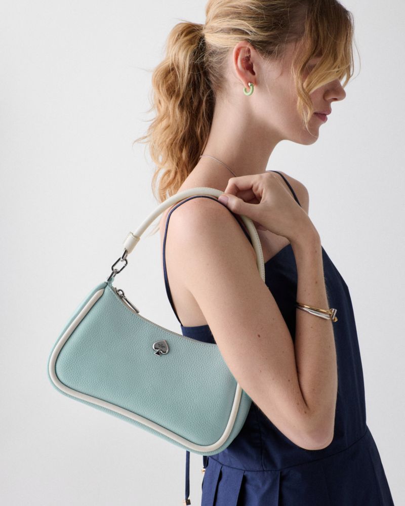 Kate Spade,Kayla Shoulder Bag,Leather,Shoulder Bag,Logo,Piping,Metal,Silver Metal,Day Party,Blue