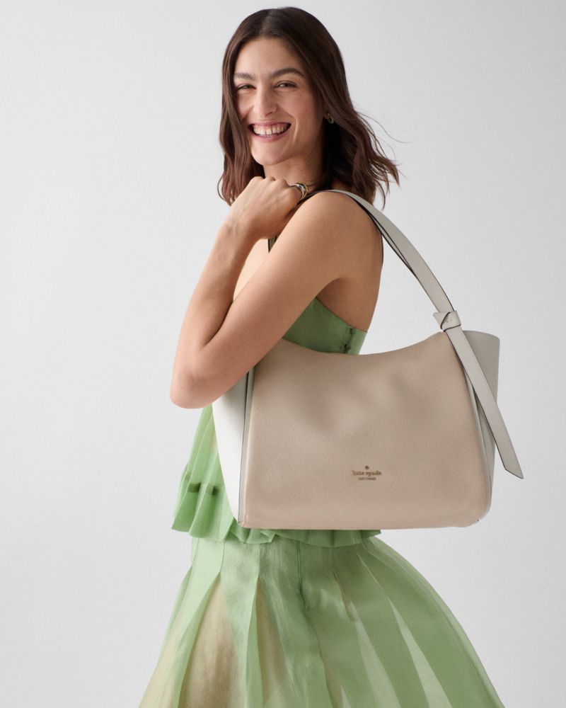 Kate Spade,Knott Tote Bag,Leather,Tote,Color Block,Knot,Gold Metal,Casual,Cream