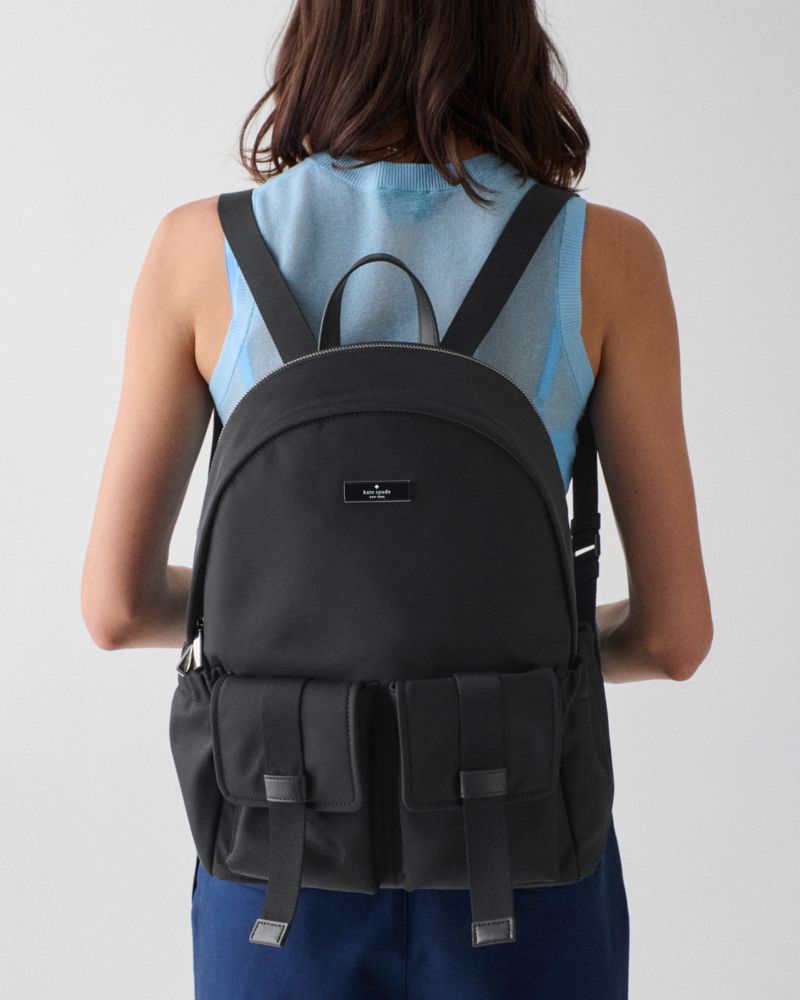Kate Spade,Carter Ksnyl Cargo Large Backpack,Recycled Polyester,Nylon,Backpack,Metal,Logo,Sustainable,Casual,Black