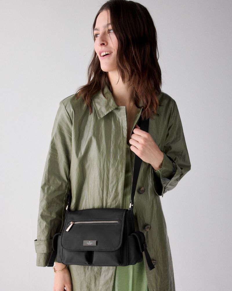 Kate Spade,Carter Nylon Messenger Cargo Crossbody Bag,Nylon,Polyester,Messenger Bag,Logo,Metal,Casual,Black