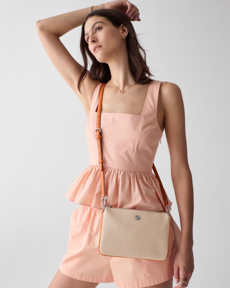 Kate Spade,Kayla Triple Crossbody Bag,Leather,Crossbody,Metal Material,Logo,Metal,Piping,Day Party,Cream