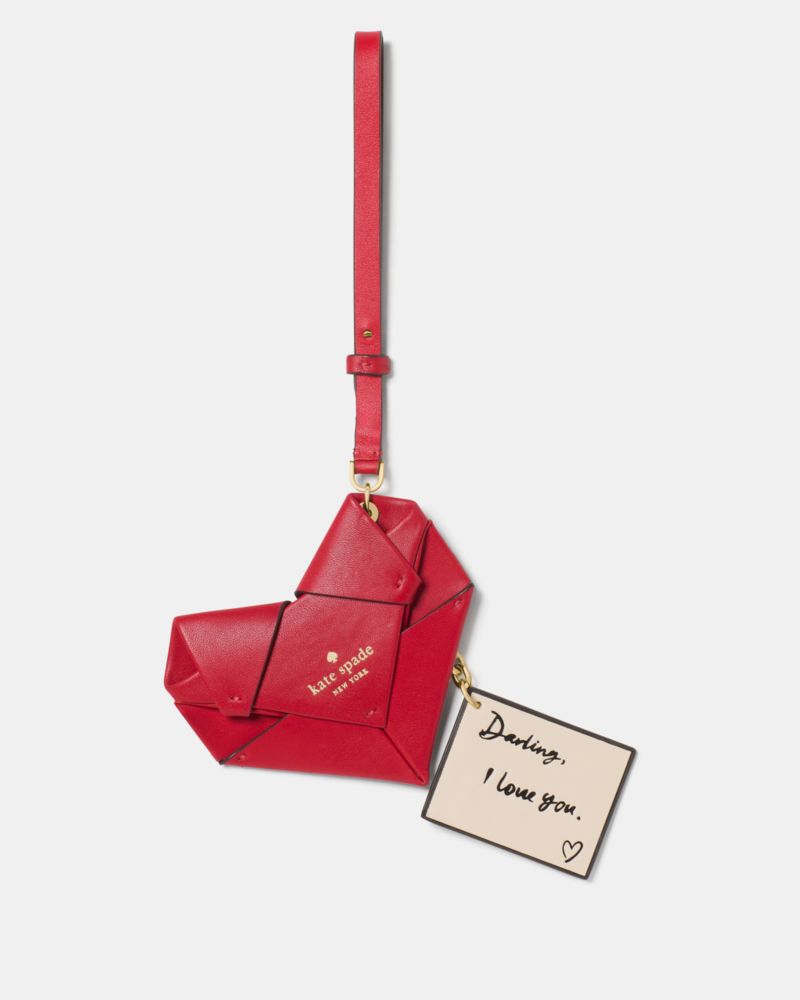 Kate Spade,Yours Truly Origami Heart Bag Charm,Leather,Bag Charm,Chain Detail,Compact,Key Ring,Red
