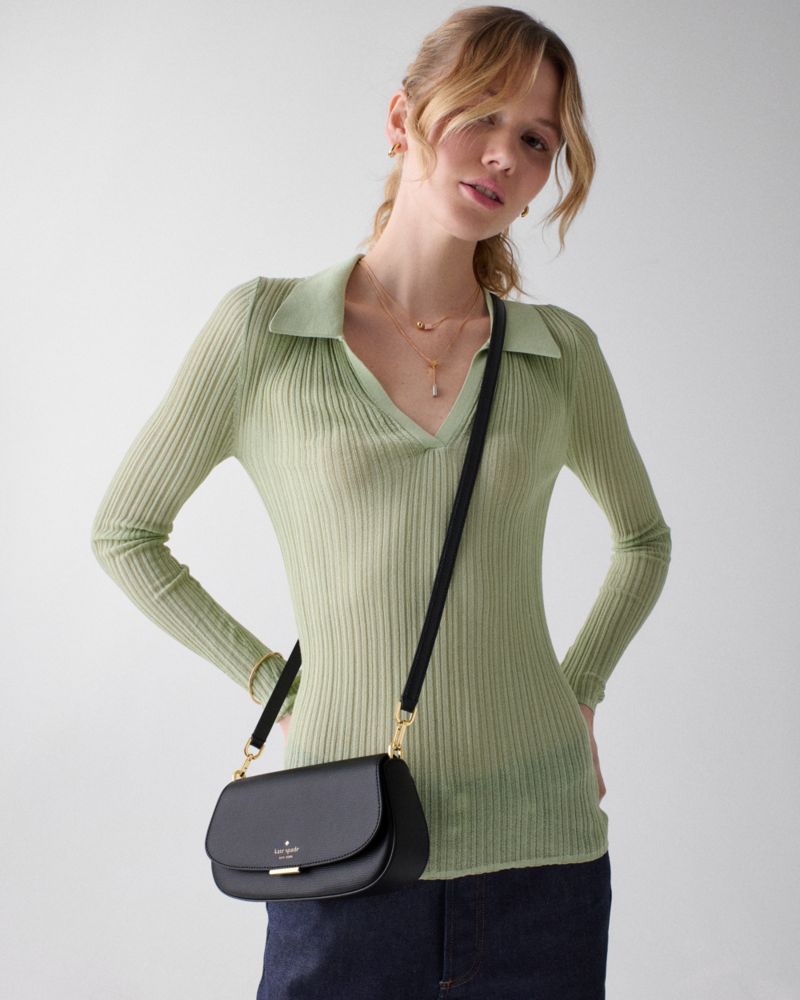 Kate Spade,Quinn Mini Crossbody Bag,Leather,Saddle Bag,Silver Metal,Casual,Black