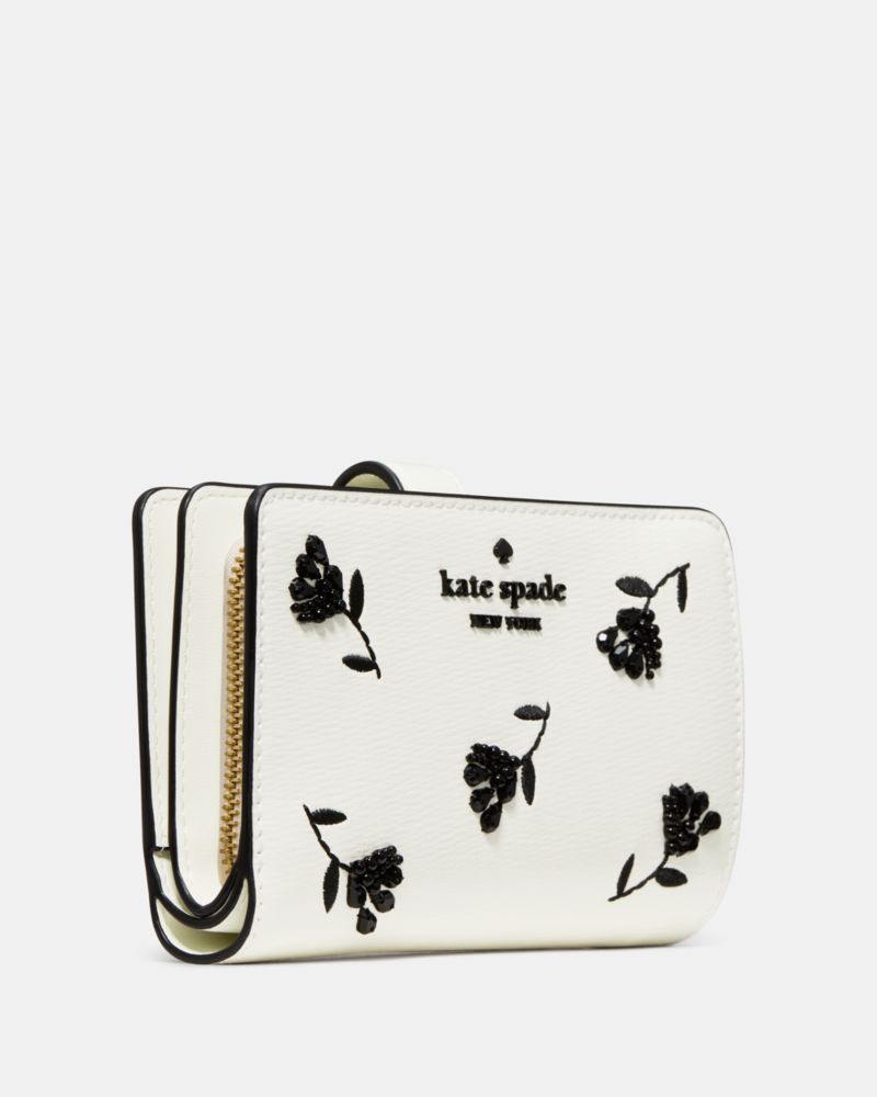 Kate Spade,Floral Medium Bifold Wallet,Leather,Bi Fold,Bead Embellishment,Embroidered,Metal,Logo,Casual,White