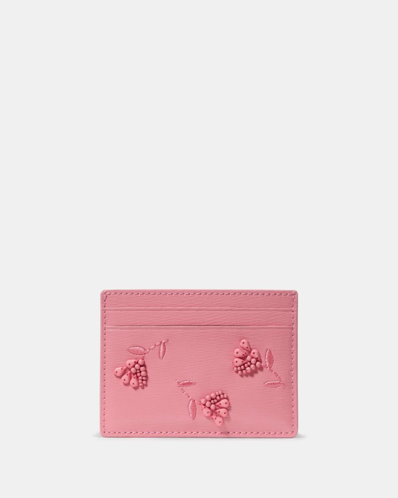 Kate Spade,Floral Small Slim Card Holder,Leather,Card Case,Metal,Bead Embellishment,Embroidered,Logo,Casual,Pink