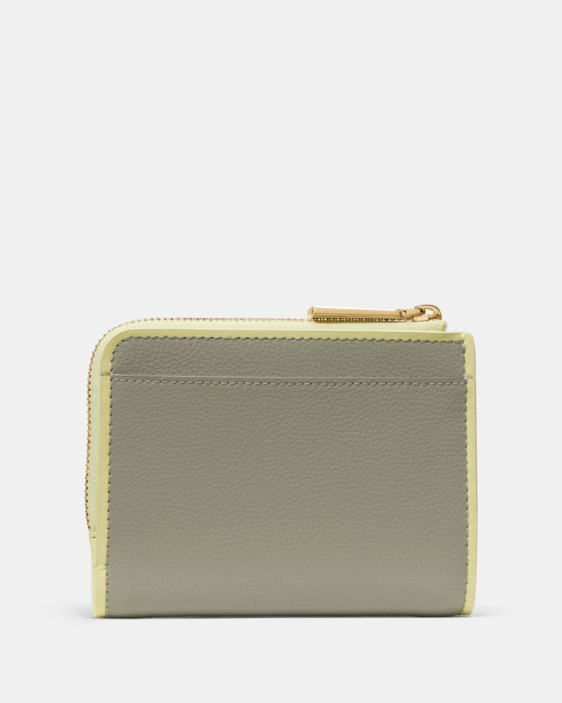 Kate Spade,Small L-zip Wallet,Leather,Bi Fold,Color Block,Metal,Logo,Casual,Olive