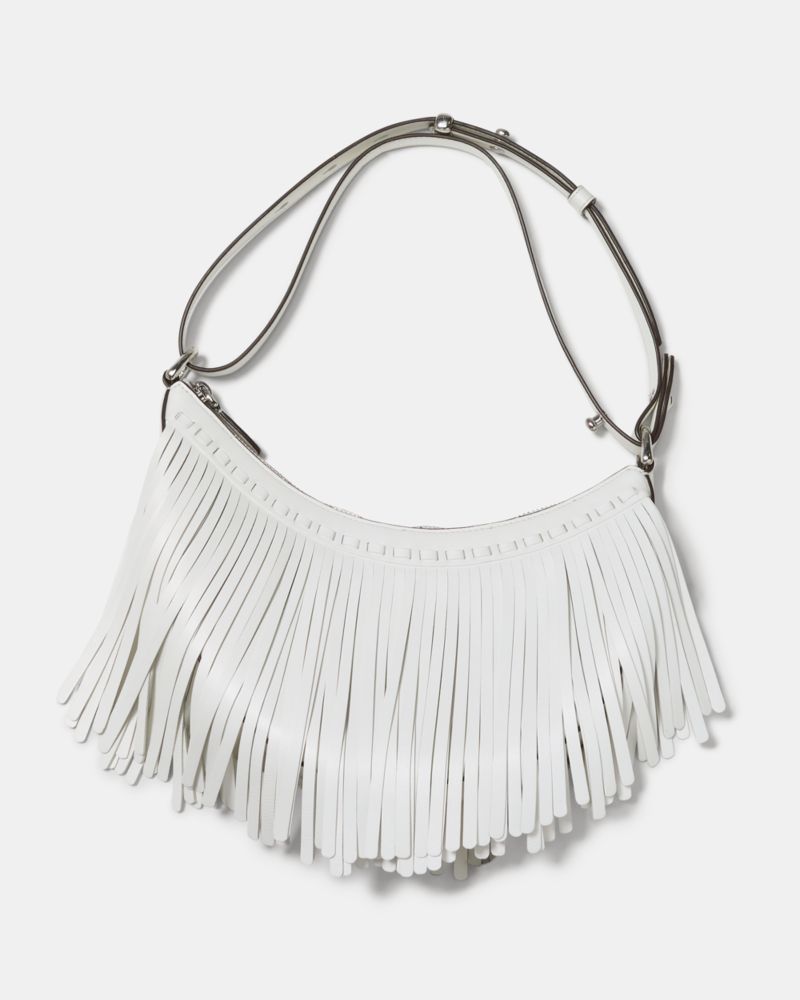 Kate Spade,Duo Fringe Crossbody Bag,Leather,Crossbody,Embellished,Lace Up,Fringe,Day Party,White,Front View