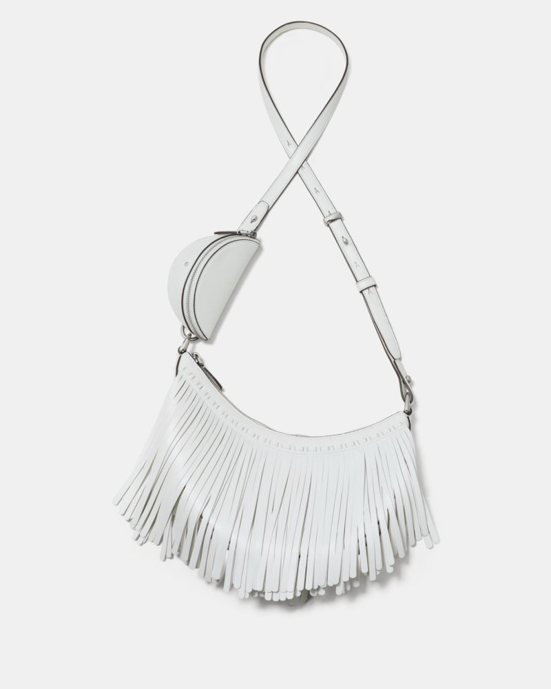 Kate Spade,Duo Fringe Crossbody Bag,Leather,Crossbody,Embellished,Lace Up,Fringe,Day Party,White