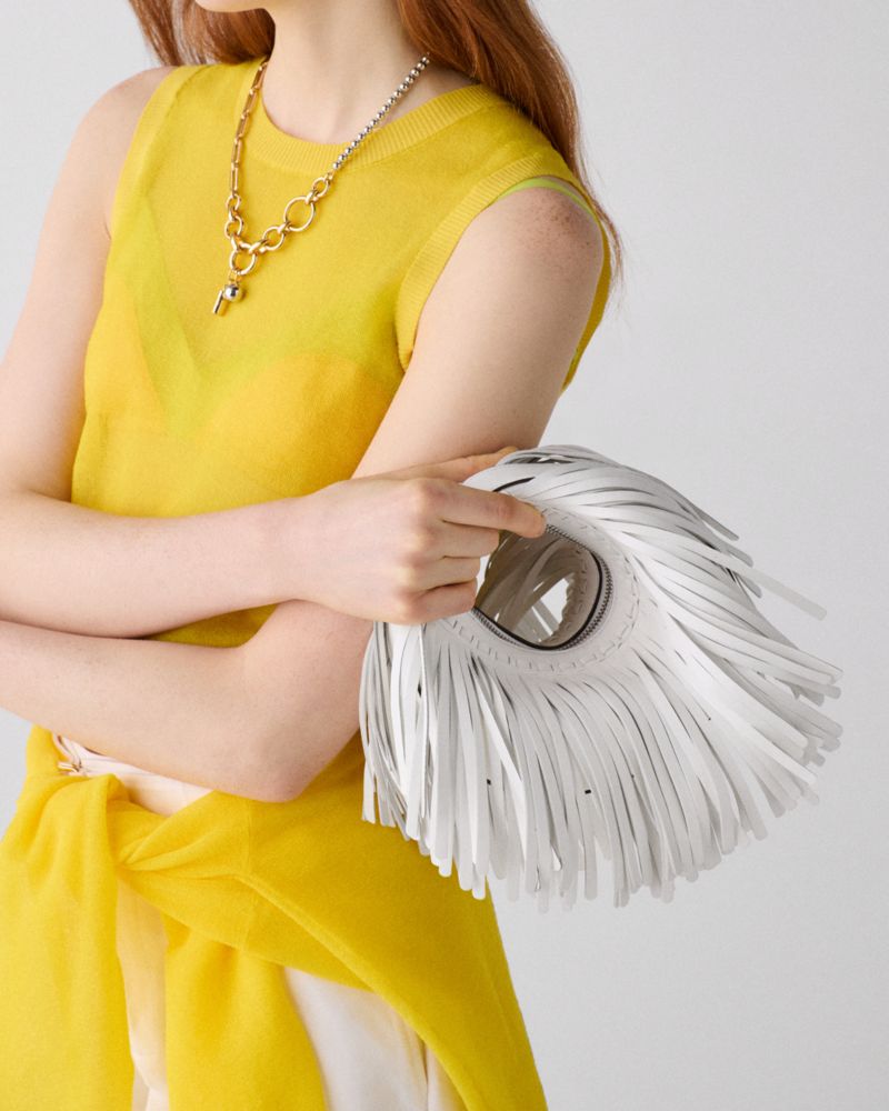 Kate Spade,Duo Fringe Crossbody Bag,Leather,Crossbody,Embellished,Lace Up,Fringe,Day Party,White