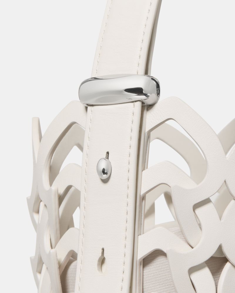 Kate Spade,Halo Woven Mini Bucket Bag,Leather,Bucket,Metal Material,Circle,Metal,Sheer,Logo,Silver Metal,Day Party,White