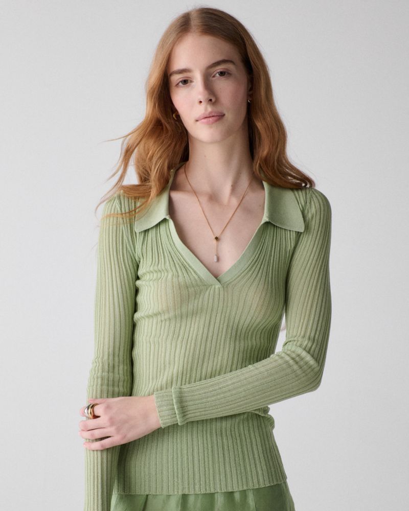 Kate Spade,Sheer Ribbed Long Sleeve Polo,