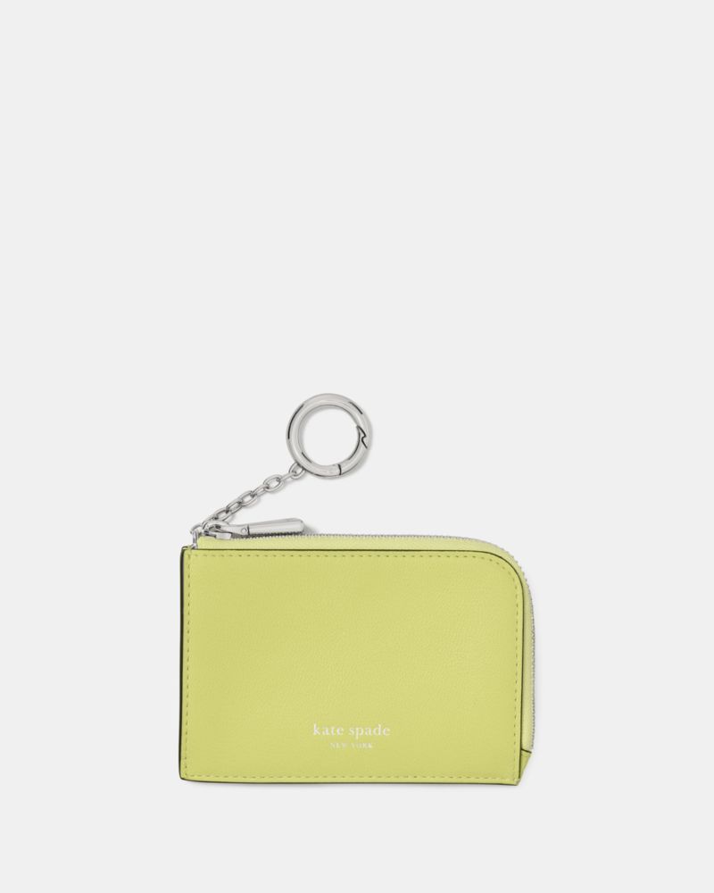 Kate Spade,Mini Zip Card Case,Leather,Coin,Card Case,Word Embellishment,Key Ring,Casual,Green