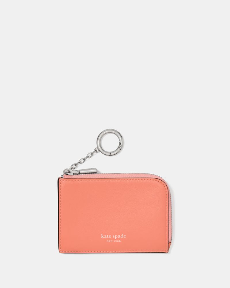 Kate Spade,Mini Zip Card Case,Leather,Coin,Card Case,Word Embellishment,Key Ring,Casual,Coral