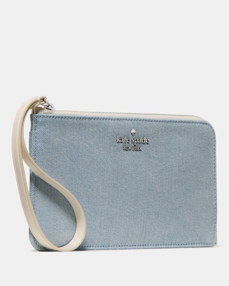 Kate Spade,Lucy Denim Wristlet,Denim,Pouch,Wristlet,Metal,Logo,Casual,Blue