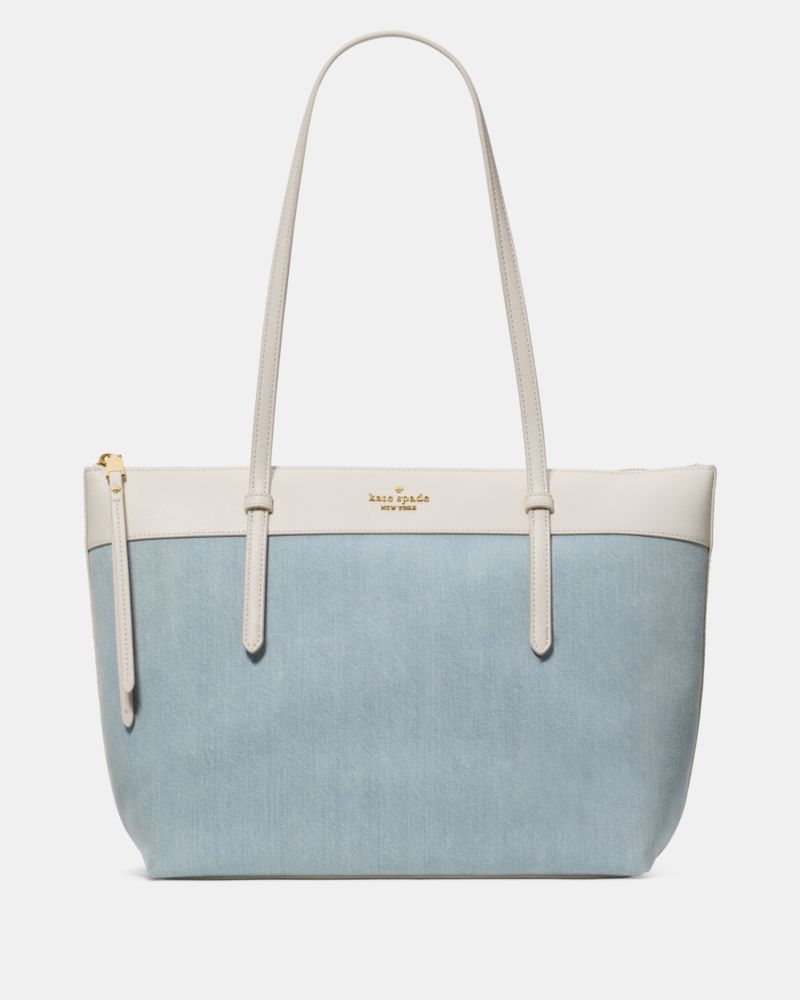 Kate Spade,All Day Denim Tote Bag,Leather,Denim,Tote,Logo,Color Block,Gold Metal,Casual,Blue