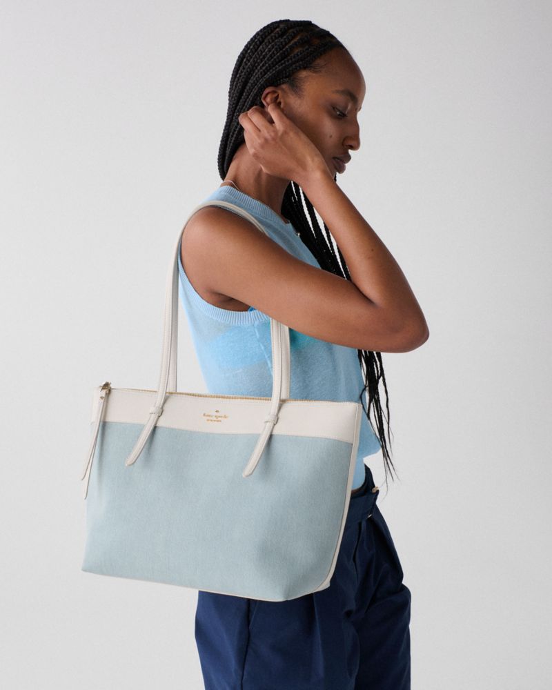 Kate Spade,All Day Denim Tote Bag,Leather,Denim,Tote,Logo,Color Block,Gold Metal,Casual,Blue