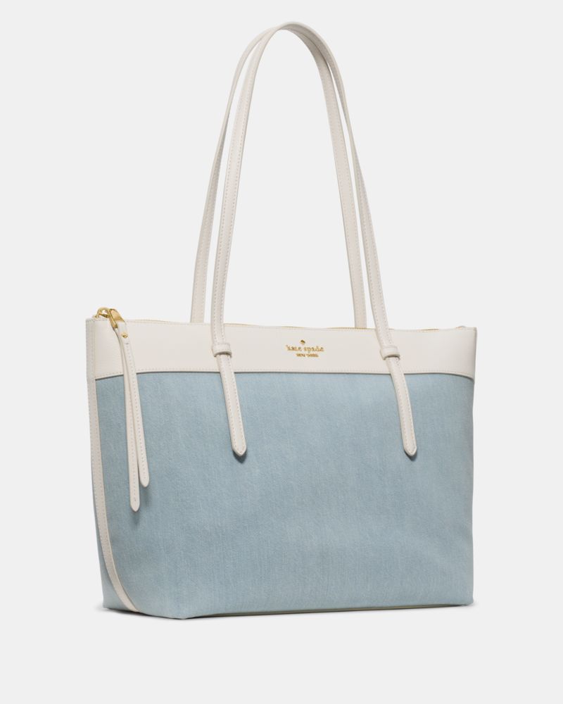 Kate Spade,All Day Denim Tote Bag,Leather,Denim,Tote,Logo,Color Block,Gold Metal,Casual,Blue