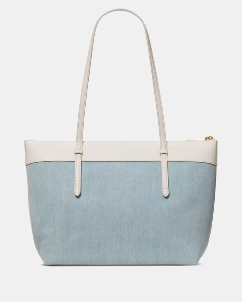 Kate Spade,All Day Denim Tote Bag,Leather,Denim,Tote,Logo,Color Block,Gold Metal,Casual,Blue