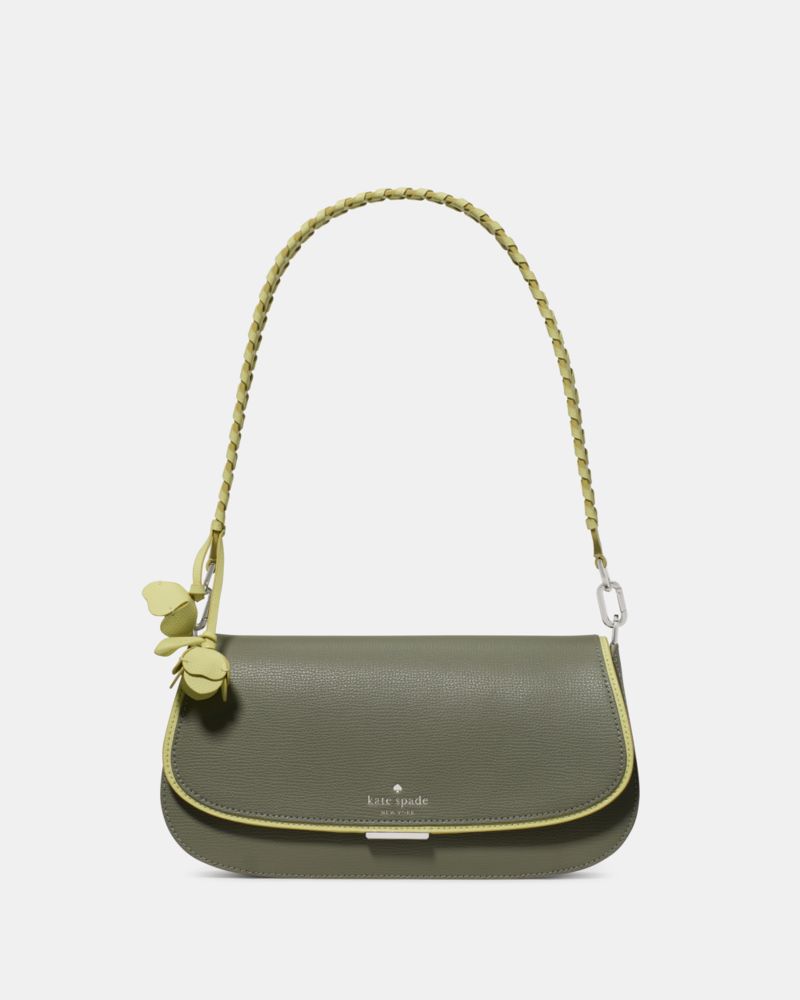 Kate Spade,Quinn Floral Strap Shoulder Bag,Leather,Saddle Bag,Piping,Whipstitch,Floral Embellishment,Day Party,Olive